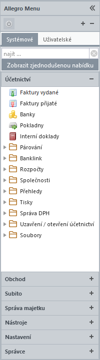 Panel stromečkového menu