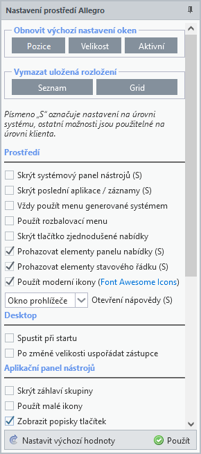 Panel uživatelských nastavení s tooltipem
