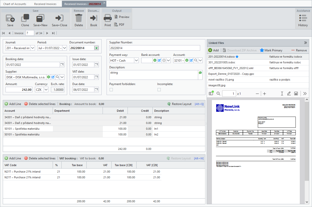 Form on a separate tab with two grids and a preview of attached files