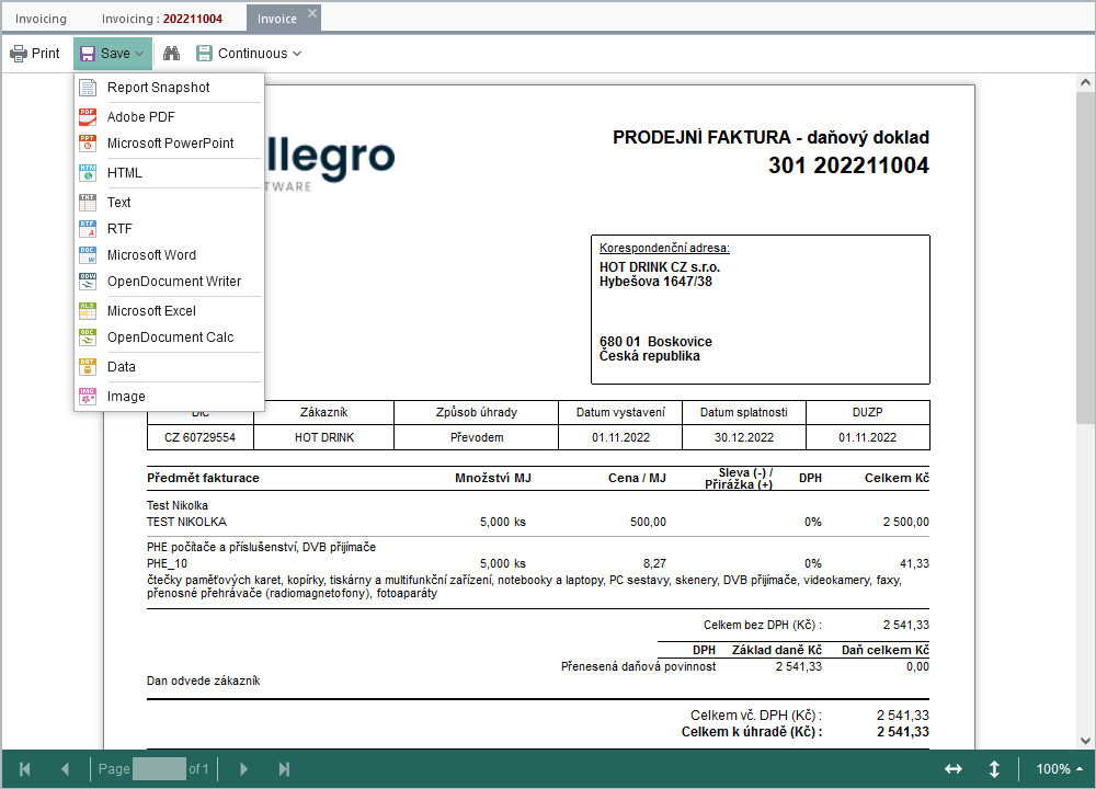 File print preview (note: document language is derived from the language set at the recipient)