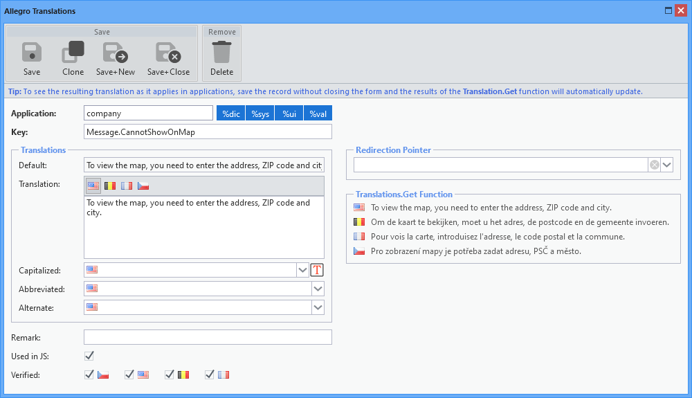 Form for translation of static texts