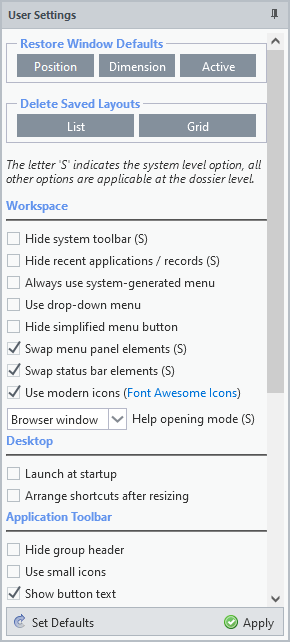 Options panel with tooltip