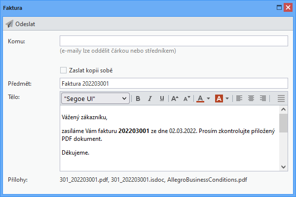 Odeslání faktury e-mailem Odeslání faktury e-mailem