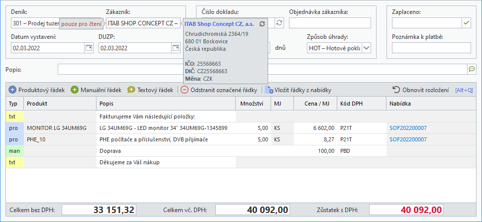 Subito faktura se zobrazenými tooltipy