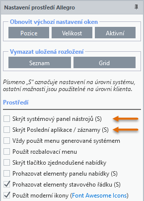 Konfigurace systémového panelu nástrojů (zobrazení části možností) Konfigurace systémového panelu nástrojů (zobrazení části možností)