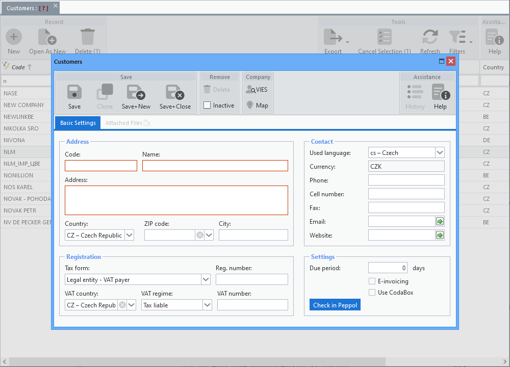 Company registration form - new record