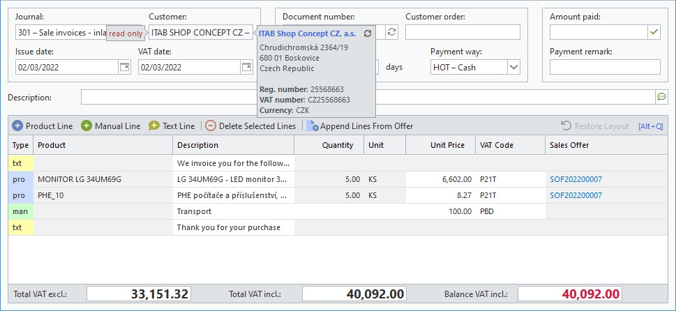 Subito invoice with displayed tooltips
