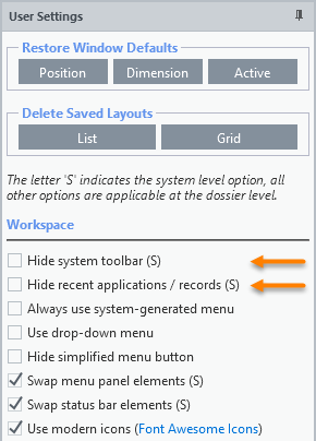 Configuring the system toolbar (partial list) Configuring the system toolbar (partial list)