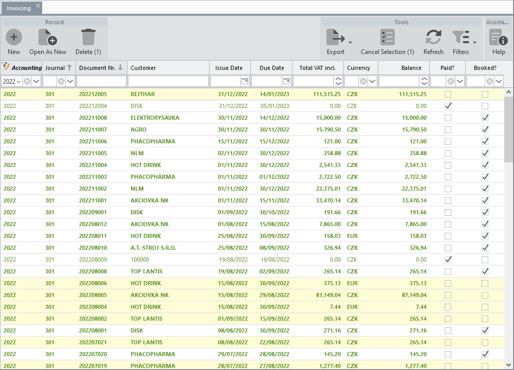 List of registered invoices