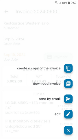 Invoice menu