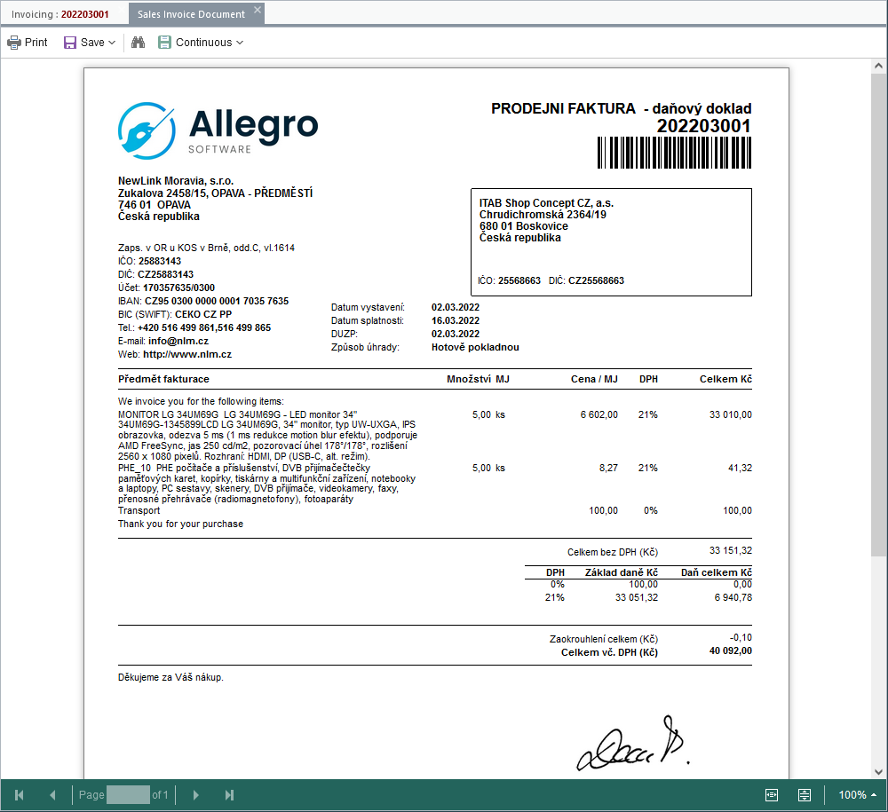 Preview of the offer document ready for printing