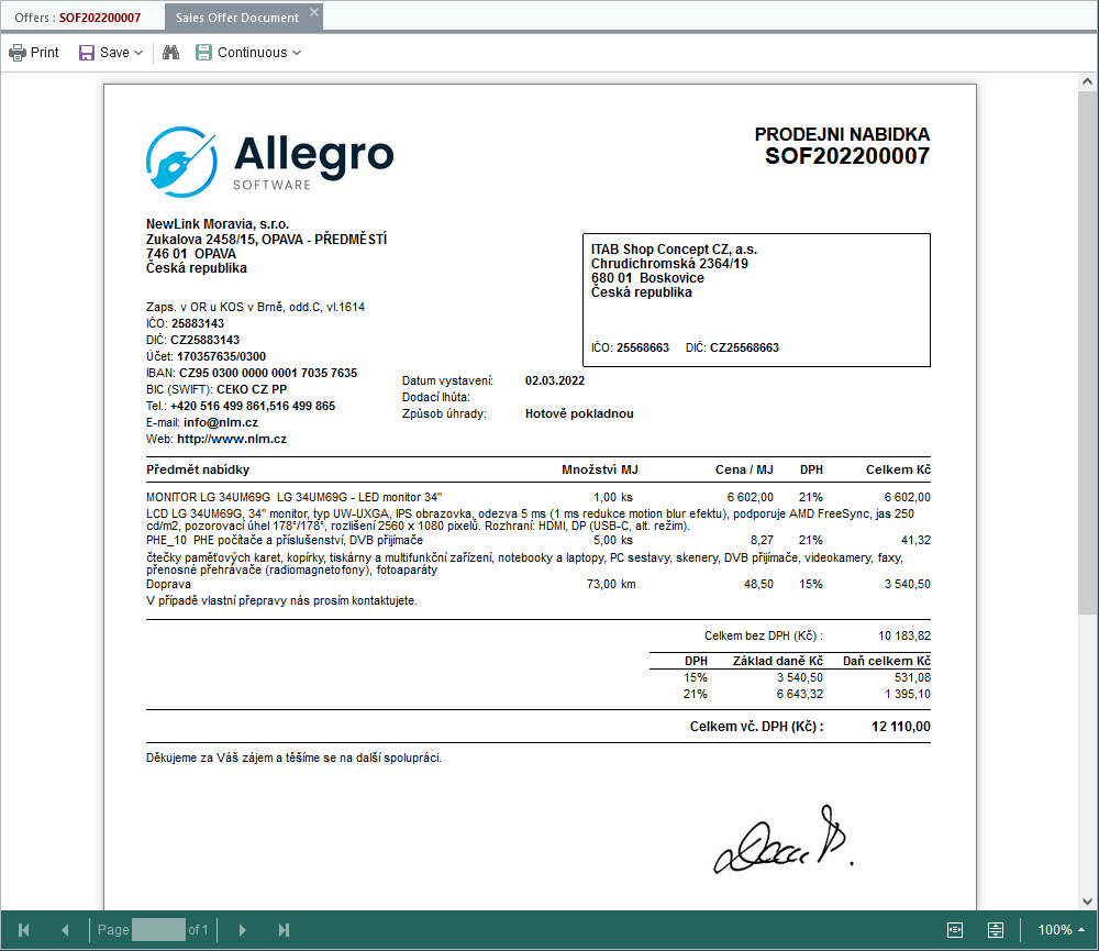 Preview of the invoice document ready for printing